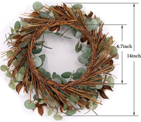 Idyllic Eucalyptus and Cotton Wreath, 14 Inches Artificial Wreath on a Natural Twig Base for Farmhouse, Garden, Wedding, Decor...
