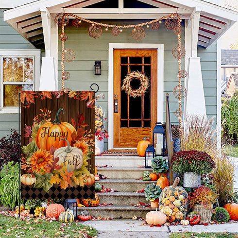 Happy Fall Garden Flag Burlap Vertical Double Sided Fall Pumpkin Maple Leaves Small Yard Flag, Thanksgiving Autumn Harvest Holiday Outdoor Decorat...