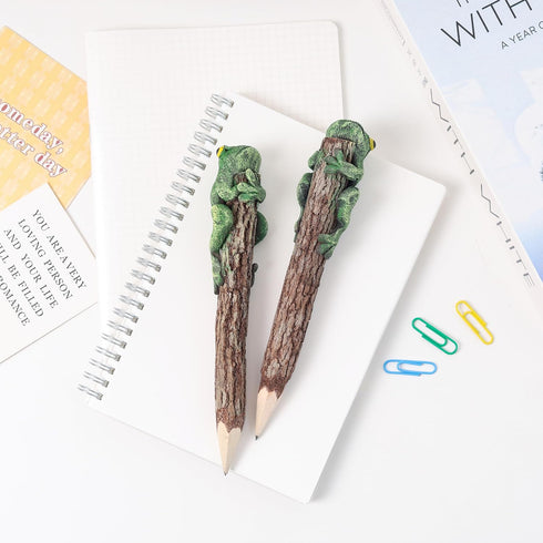 Frog Pencil Wooden Hand Carved Animal Cute Amphibians Creative Stationery Rustic Wood Pencils School and Office Supplies Unique Handmade Fun Penci...