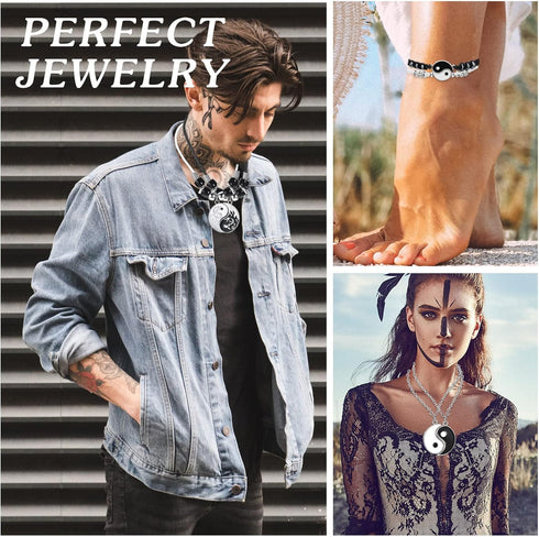 8 Pieces Matching Yin Yang Pendant Necklace Bracelet Set Couple Necklace Adjustable Cord Bracelet Black White Bracelet Accessories for BFF Friends...