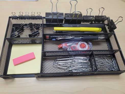 Desk Drawer Organizer Tray, Metal Mesh Drawer Office Drawer Organizer w/6 Compartment, Small Desk Organizer Tray for Home Office School Supplies, ...