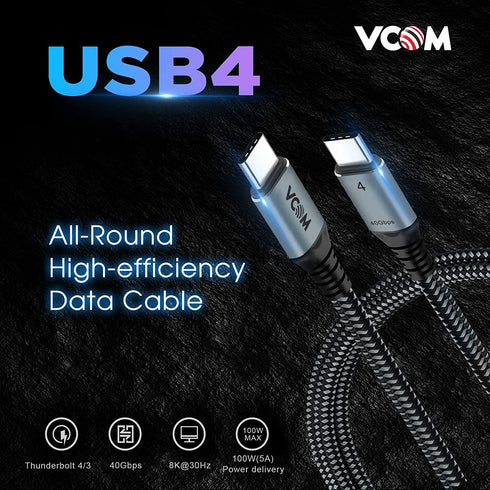 VCOM USB 4 Cable for Thunderbolt 4 Cable 4 FT, 100W Cable with 40Gbps Data and 8K@30Hz 5K@60Hz or Dual 4K Video,Compatible with Thunderbolt 3/4 Ca...