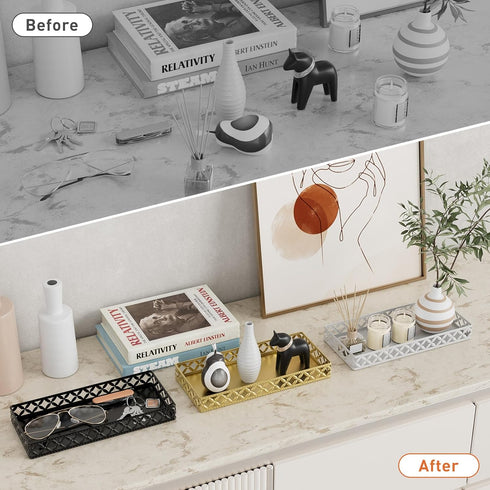 Bathroom Vanity Tray for Counter Organizer - 11 Inch Small Decorative Tray Gold Rectangle Countertop Tray for Perfume Makeup Cosmetic Jewelry...