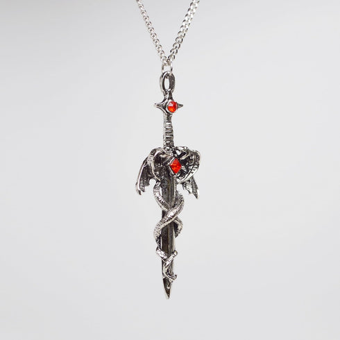Dragons Wrapped Around Sword Medieval Renaissance Silver Finish Pendant Necklace...