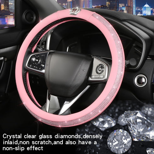 Cute Pink Steering Wheel Cover - Soft Leather Bling Car Steering Wheel Covers for Women & Girls with Sparkly Diamond, 15 inch Car Accessory Wheel ...