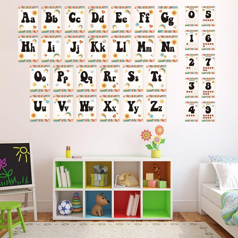 36Pcs Retro Classroom Alphabet Number Bulletin Board Set, Groovy ABC Alphabet Card and 0-9 Number Posters Decor with Glue Point for Preschool Kind...