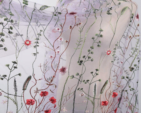 Exquisite Floral Embroidered Lace Fabric Flower Plant Tulle for Sewing Dress Gown Overlay Curtain Embellishment, 60 Inch Wide (2 Yards Precut, Lav...