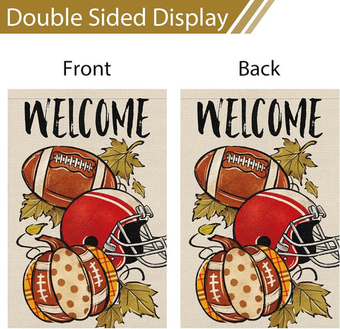 Fall Football Welcome Garden Flag 12 x 18 Inch Vertical Double Sided Burlap, Autunm Pumpkin Sports Game Day Flag for Yard Thanksgiving Holiday Out...