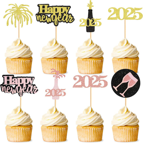 24 Pcs Glitter Rose Gold and Gold Happy New Year Cupcake Toppers 2025 Rose Gold,Gold and Black Cupcake topper Cheers to 2025 Cake Picks for New Ye...