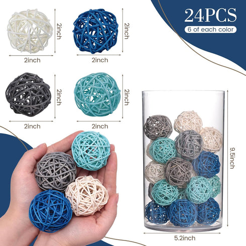 DomeStar 24PCS Blue Decorative Balls for Bowl Centerpiece, 2 Inch Rattan Balls Bowl Fillers Decor - Wicker Twig Orbs Spheres, Wedding Home Vase Ta...