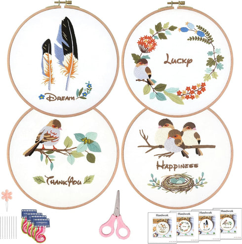IFHFBI Bird Pattern Embroidery Starter Kit, 4 Pack Cross Stitch with Stamped Pattern and Instructions, 1 Embroidery Hoops, Threads and Needles, DI...