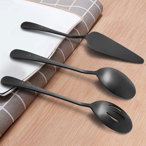 LIANYU 5-Piece Matte Black Serving Utensils Set, Stainless Steel Serving Set Include Serving Spoon Fork, Flatware Serving Pieces for Buffet Cateri...
