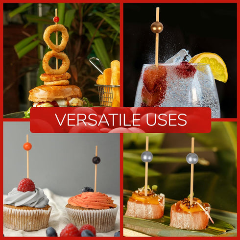 BambooMN Decorative Ball End Cocktail Fruit Sandwich Picks Skewers for Catered Events, Holiday's, Restaurants or Buffets Party Supplies - 4.7" Bla...