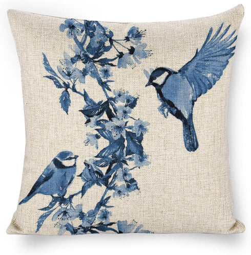 Chinoiserie Pillow Cover Blue Cherry Blossom and Birds Cotton Linen Decorative Throw Pillow Case Cushion Cover for Bedroom Sofa Living Room Couch ...