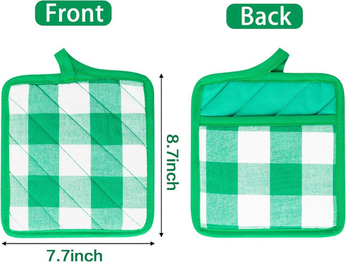 GROBRO7 5Pcs Cotton Buffalo Check Plaid Pocket Pot Holder Set Kitchen Heat Resistant Potholder Durable Cloth Potholders Bulk Green & White Oven Mi...