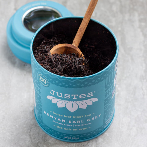 JusTea KENYAN EARL GREY | Loose Leaf Black Tea | Tin with Hand Carved Tea Spoon | 40+ Cups (3.2oz) | High Caffeine | Award-Winning | Fair Trade | ...