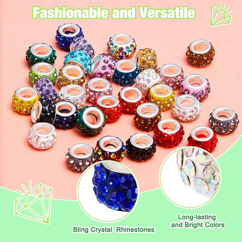 Junkin 120 Pieces Large Hole Rhinestone European Spacer Beads for Pens Jewelry Making Bulk 11mm Crystal Charm Beads for Pen Jewelry Making Supplie...