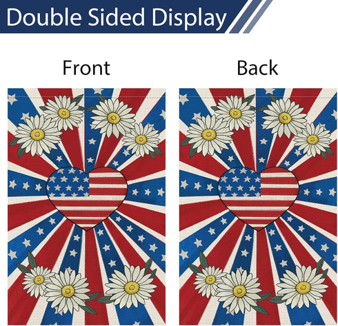 4th of July Garden Flag 12x18 Double Sided Burlap, Patriotic Memorial Day Heart USA Flag Spring Summer Daisy Garden Flags for Memorial Day Indepen...