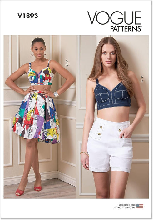 Vogue Misses' Lined Bra Top, Semi-Fitted Shorts, and Skirt Sewing Pattern Kit, Design Code V1893, Sizes 6-8-10-12-14...