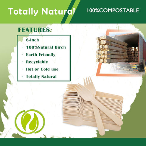 Disposable Wooden Forks -Pack of 100, 6.5" Length-Biodegradable, Natural Wooden Utensils, Great for Parties,Camping,Weddings&Dinner Events (Spoons...