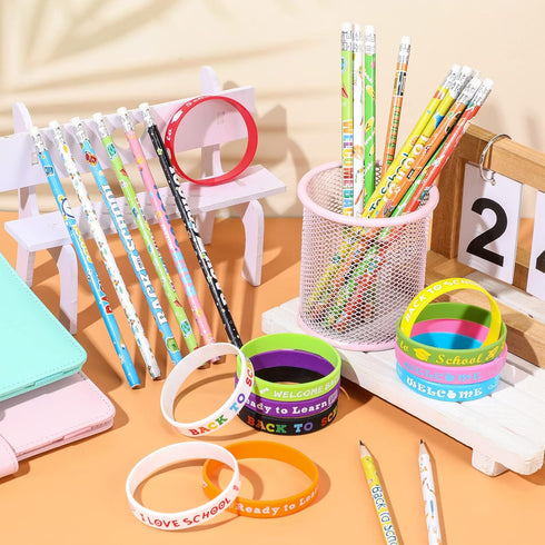 Sabary 48 Pcs Back to School Pencils Silicone Bracelets Set Back to School Party Favor for Kids First Day of School Bulk Pencils Bracelets Gifts f...
