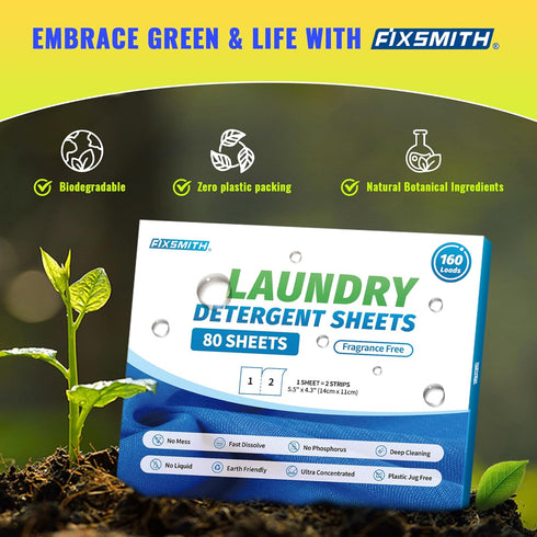 FIXSMITH Laundry Detergent Sheets - 160 Loads (80 Sheets) Fragrance Free - Hypoallergenic,Unscented,Eco Friendly Laundry Detergent Strips Concentr...