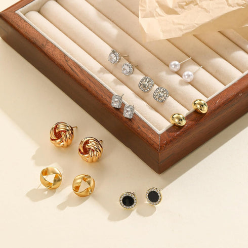 8 Pairs Stud Earrings Set for Women Cubic Zirconia Halo Studs Gold Knot Twist Stud Earrings Faux Pearl Simple Post Earrings for Women...