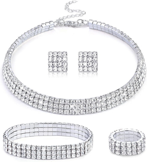 HAIAISO Rhinestone Crystal Jewelry Set Rhinestone Choker Necklace Rhinestone Earrings Rhinestone Stretch Bangle Bracelet Stretch Ring Bridal Party...