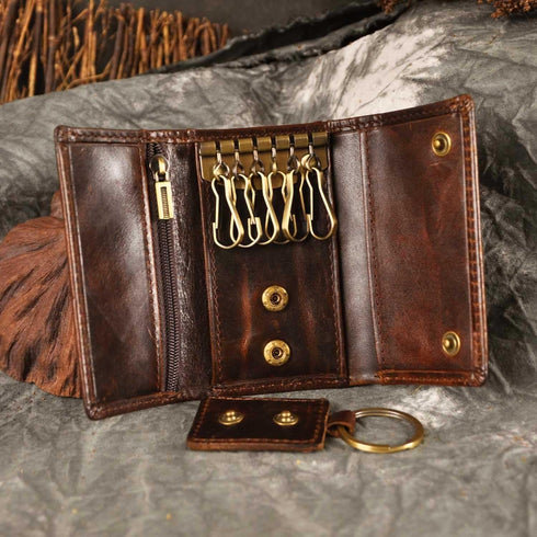 Le'aokuu Mens Genuine Leather Car Key Case Loop Hook Coin Case Cover Wallet Snap...