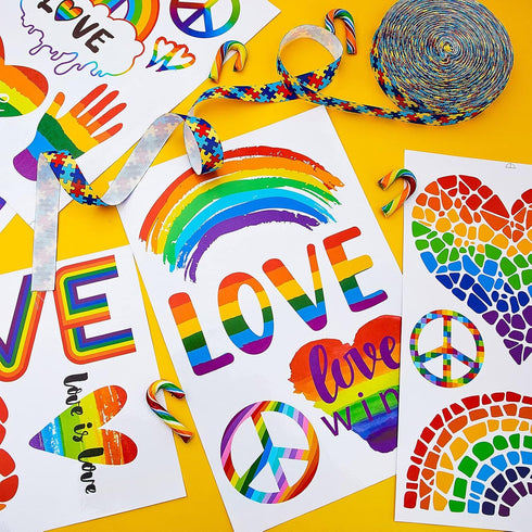 Outus 18 Pieces Gay Pride Rainbow Window Clings Rainbow Heart Sticker Love Word Homosexuality Love is Love Window Clings for Home Bedroom Bathroom...