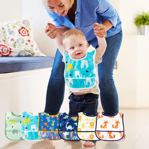 6Pcs Waterproof Toddler Bibs Baby Feeding Bib Set with Crumb Catcher Pocket Infant Adjustable Baby Teething Bib Babies Sleeveless Animals Food Bib...