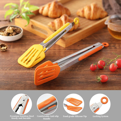2PCS Kitchen Tongs, OHOLA Heat Resistant Silicone Tongs for Cooking, Extra Wide Silicone Tips, Pull Lock, 9 and 12 inch (Orange + Yellow)...