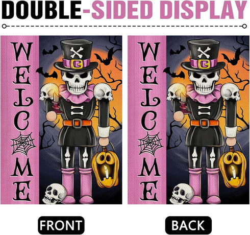 Welcome Pink Halloween Nutcracker Decorative Garden Flag, Spooky Skeleton Skull Jack O Lantern Pumpkin Yard Outside Home Decorations, Gothic Holid...
