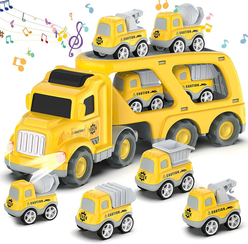 Trucks Cars Toys for 3 4 5 6 7 Year Old Boy Toddler, 5 in 1 Carrier Transport City Vehicles Toys with Light Sound, Christmas Birthday Gift for Tod...