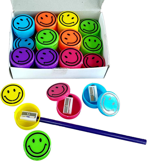 Pencil Sharpeners for Kids with Removable Neon Colored Lids (48 Pack - Smile FACE)...