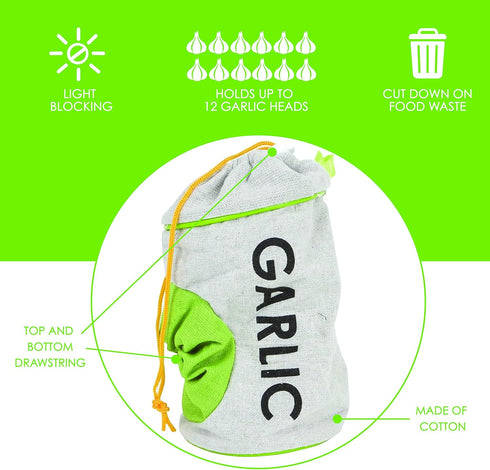 Evriholder Fresh Fare Garlic Keeper, Double Drawstring Feature Protects from Light and Delays Spoilage Sprout-Free Vegetable Storage Bag, 12 Head ...