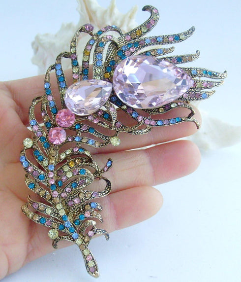 Zeepoffine 4.33" Rhinestone Crystal Peacock Feather Brooch Pin Pendant BZ5038 (Gold-Tone Multicolor)...