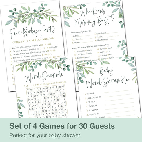 Baby Shower Games for Boy or Girl - Set of 4 Games for 30 Guests - Double Sided Cards - Floral Greenery Eucalyptus Flowers...