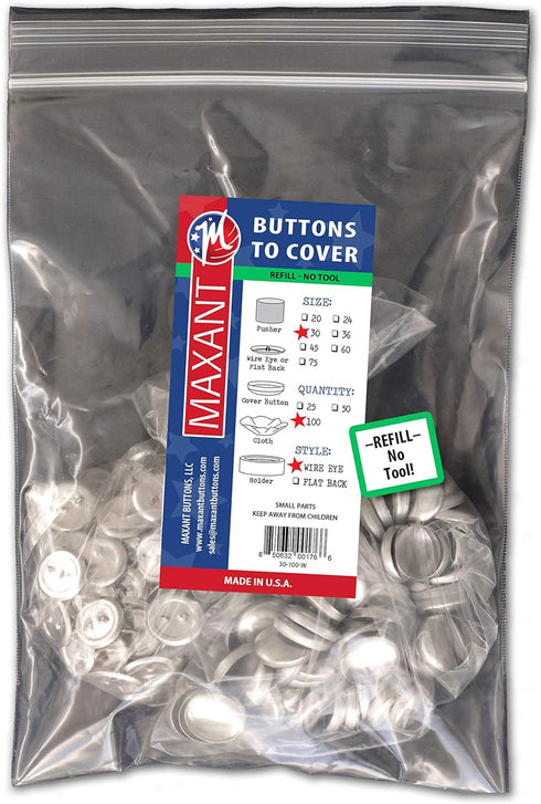100 Buttons to Cover - Made in USA - Cover Buttons with Wire Eye Backs Size 36 (7/8")...
