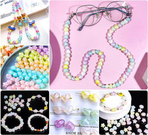 Wavlakth 600Pcs Mermaid Charm DIY Beads for Jewelry Making, Acrylic Heart Star Round Kandi Beads Assorted Plastic Pastel Beads Kit for Girls DIY C...