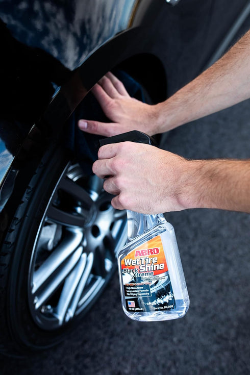ABRO Black Xtreme Wet Tire Shine, 16 oz., Tire Dressing for Deep Glossy Finish for Protection and Conditioning, Long-Lasting Tire Shine Spray, Fig...
