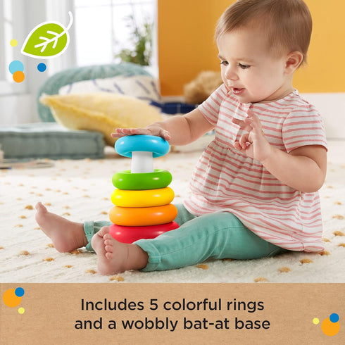 Fisher-Price Baby Stacking Toy Rock-A-Stack Rings with Roly-Poly Base for Ages 6+ Months, Made with Plant-Based Materials...