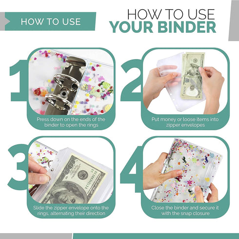 A6 Binder Cover and 12 Clear Envelopes, Budget Binder with Cash Envelopes for Budgeting, Binder Pockets Cash Envelope Wallet, Budget Planner Organ...