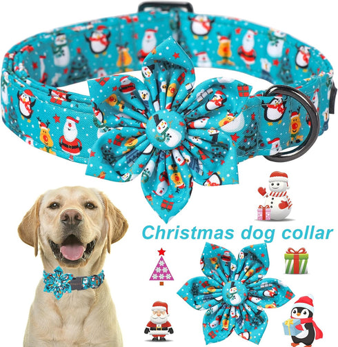 ARING PET Christmas Dog Collar-Cute Winter Girl Dog Collar with Flower, Adjustable Cotton Blue Christmas Pet Collar Puppy Collars...