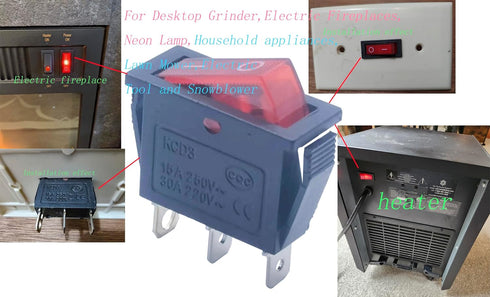 3 pin 2 Position Red Lighted Rocker Switch for Desktop Grinder,Electric Fireplaces,Neon Lamp,Household appliances,Lawn Mower,Electric Tool and Sno...