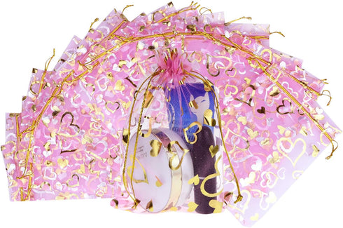 100PCS Heart Printed Organza Bags Gift Jewelry Candy Bags for Wedding Valentine's Day Mother's Day Party Christmas 5x7Inch...