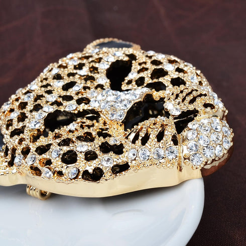 Vintage Black Enamel Spotted Leopard Head Rhinestone Crystal Animal Brooch Pin Lapel Pin Badge...