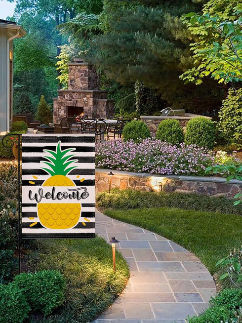 Welcome Summer Pineapple Stripes Garden Flag,Hello Summer Cute Double Sided Seasonal Burlap Flag for Yard Lawn Outdoor Decor 12.5x18 inch...