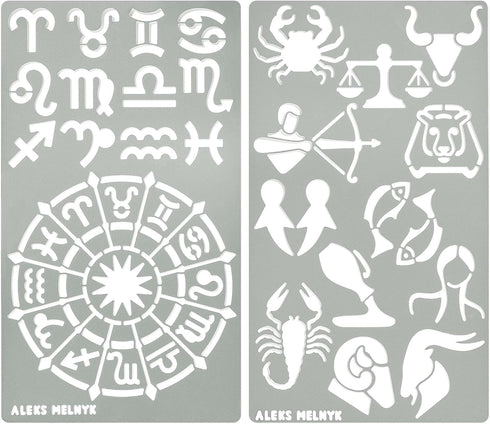 Aleks Melnyk No.29 Metal Journal Stencil, Zodiac Circle Symbols, Stainless Steel Stencil 2 PCS, Template for Wood Burning, Pyrography, Engraving, ...