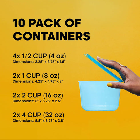 Premium Attached Food Storage Containers, Permanently Attached Plastic Lid, Never Lose & Space Saving Organization (10 Pack)...